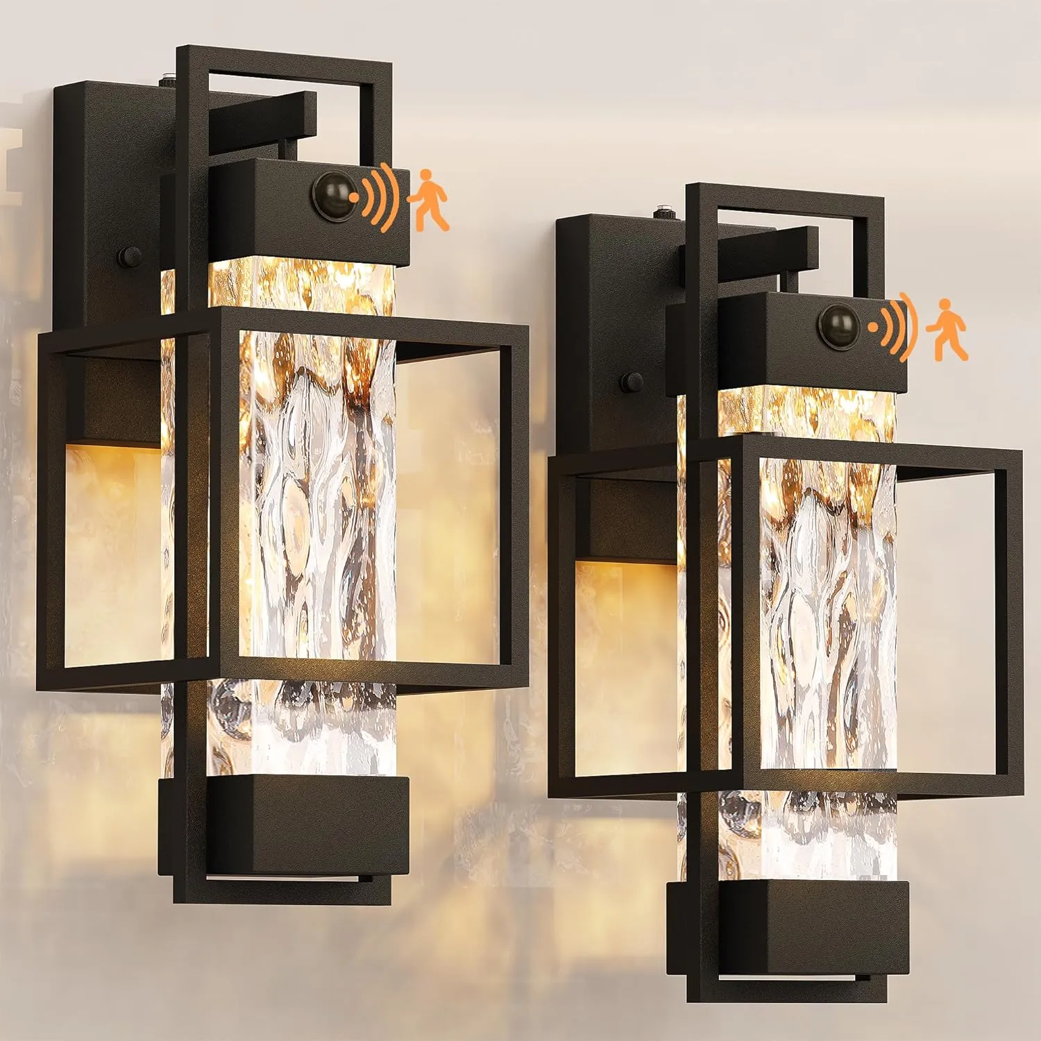 PARTPHONER Modern Motion Sensor Outdoor Wall Lights 2 Pack, 15" Exterior Wall Sconce Waterproof Porch Light, Outside Light for House with Water Glass for Garage Doorway