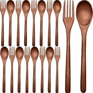Patelai Wooden Spoons Forks Set Wood Dinner Utensil Set Reusable Flatware Tableware Set Handmade Natural Cutlery Set Includes Wood Spoon Fork for Cooking Stirring Eating(16 Pieces)
