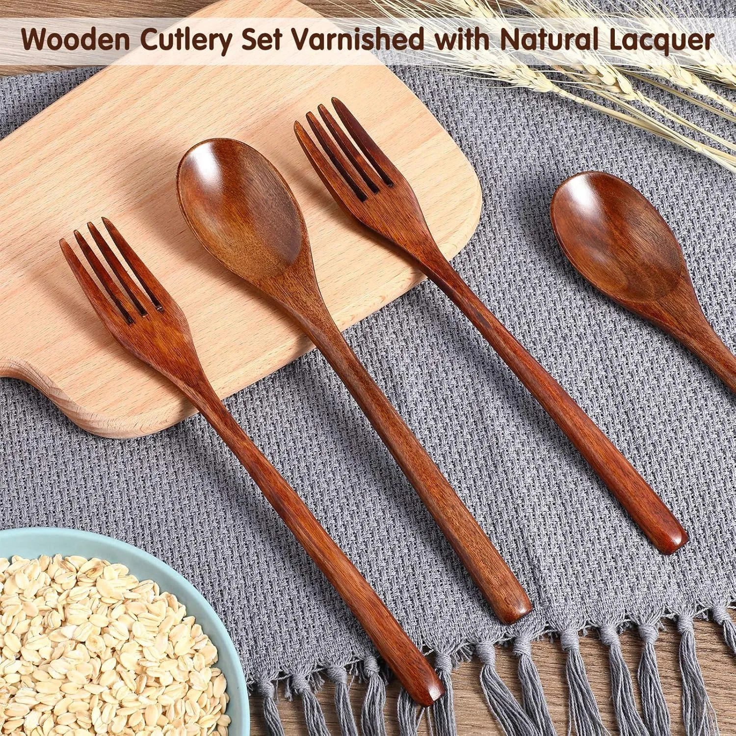 Patelai Wooden Spoons Forks Set Wood Dinner Utensil Set Reusable Flatware Tableware Set Handmade Natural Cutlery Set Includes Wood Spoon Fork for Cooking Stirring Eating(16 Pieces)