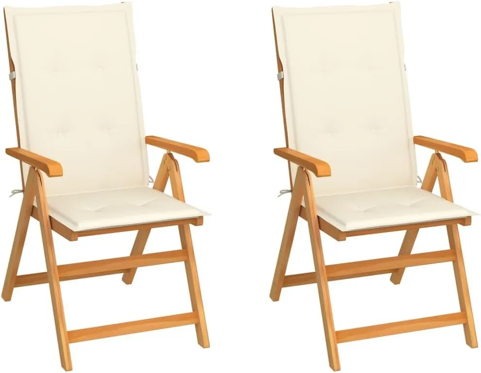 Patio Chairs 2 Pcs with Cream Cushions Solid Teak Wood Foldable Reclining Outdoor Lounge Chairs for Garden Backyard Balcony Poolside