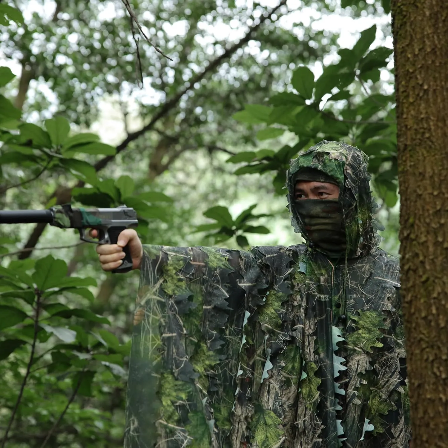 PELLOR Ghillie Suit Poncho for Men,3D Leafy Camo Poncho for Hunting Bird Watch Military CS Woodland Hunting