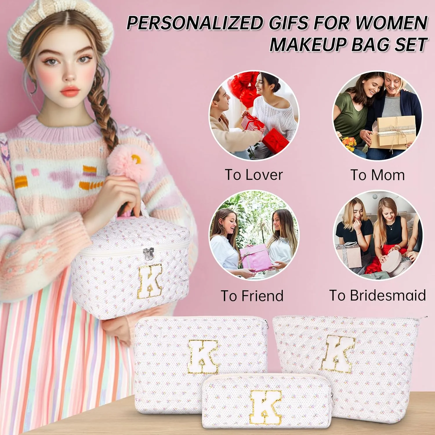 Personalized Initial Makeup Bag, Quilted Cosmetic Bag, Large Floral Make Up Bag for Women, Cotton Makeup Bag Set, Flower Travel Toiletry Bag | Birthday Gifts for Women Daughter Gifts A