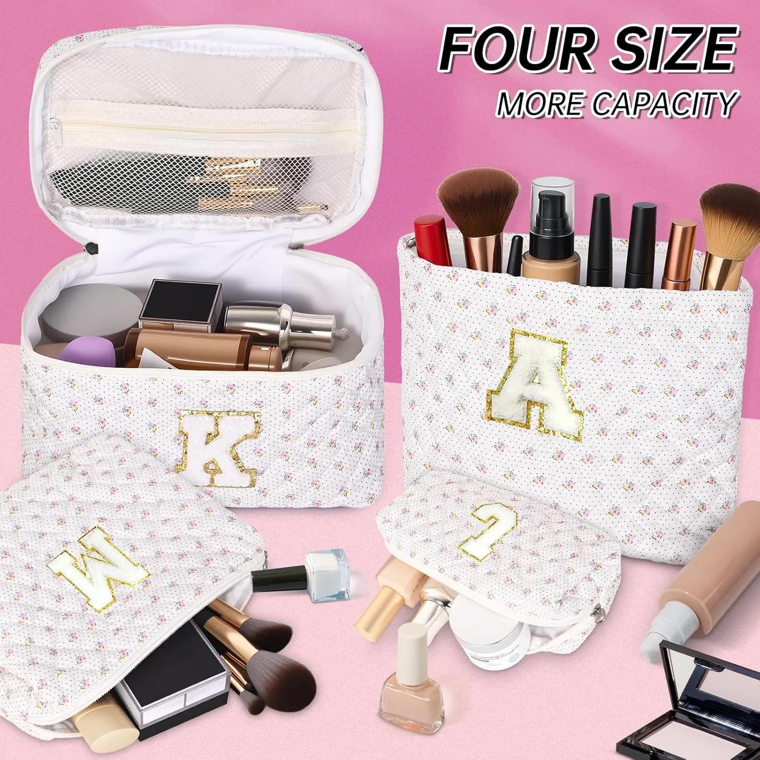 Personalized Initial Makeup Bag, Quilted Cosmetic Bag, Large Floral Make Up Bag for Women, Cotton Makeup Bag Set, Flower Travel Toiletry Bag | Birthday Gifts for Women Daughter Gifts A