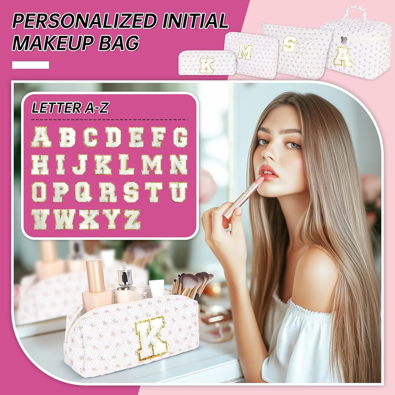 Personalized Initial Makeup Bag, Quilted Cosmetic Bag, Large Floral Make Up Bag for Women, Cotton Makeup Bag Set, Flower Travel Toiletry Bag | Birthday Gifts for Women Daughter Gifts A