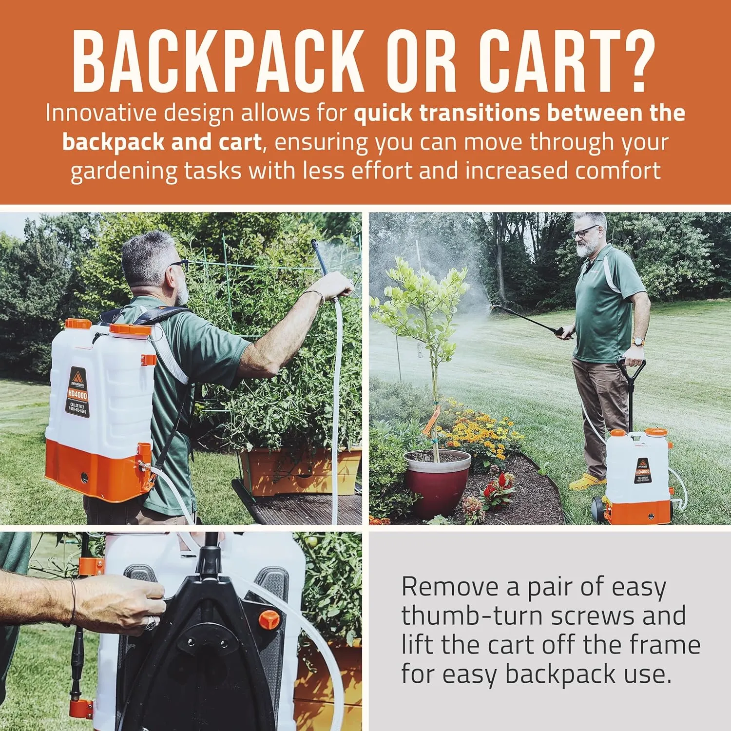 PetraTools Battery Powered Backpack Sprayer 4 Gallon - 6 Hours Long Battery Life & Padded Straps for Comfort - HD4000 Electric Backpack Garden Sprayer with 6 Spray Nozzles (HD4000 with Cart)