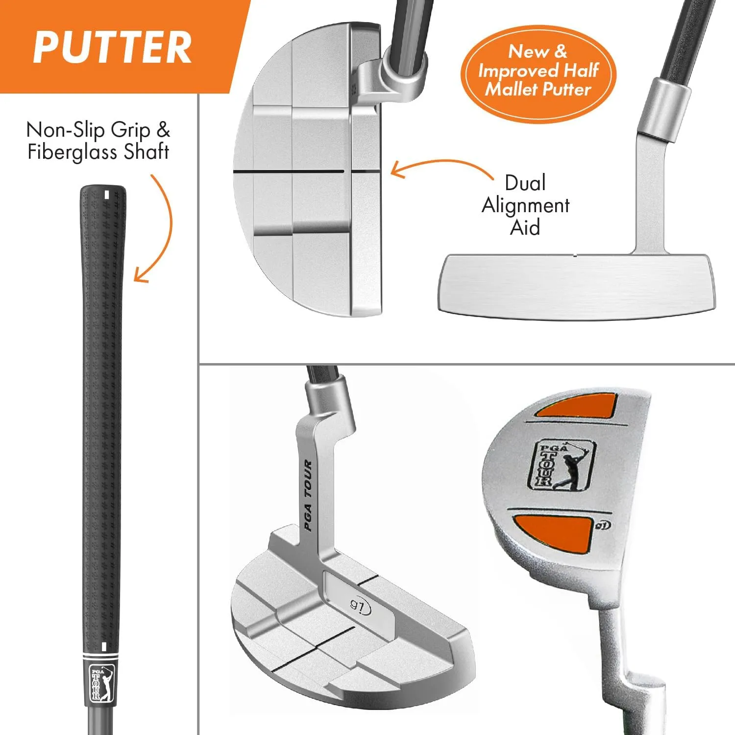 PGA TOUR Youth Golf Club Set for Ages 8-12 (4’8”-5’2”) and 12  (5’2” ), Right and Left-Handed Kids Golf Sets – Beginner Junior Golf Clubs with Lightweight Stand Bag, Mallet Putter, Hybrid, Driver