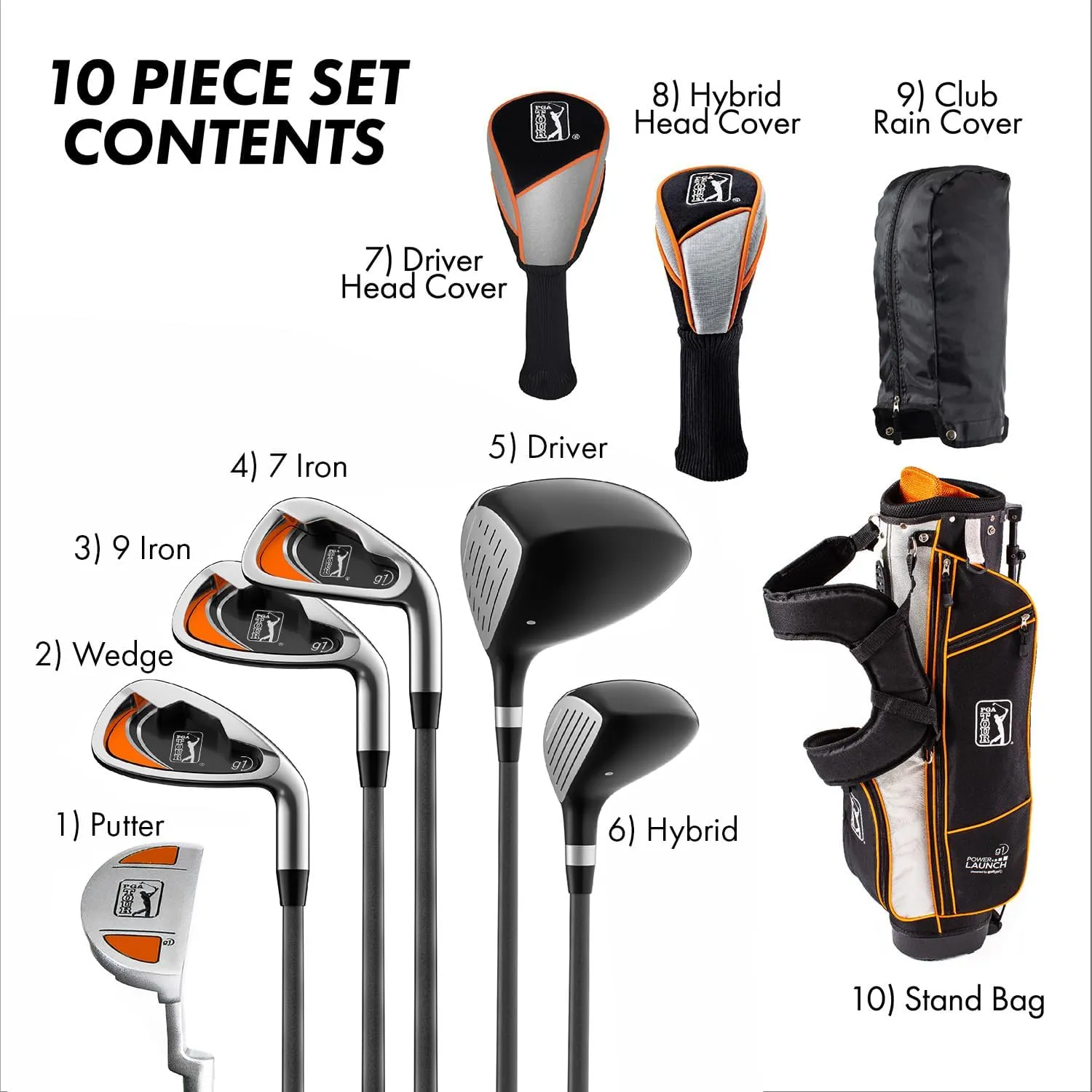 PGA TOUR Youth Golf Club Set for Ages 8-12 (4’8”-5’2”) and 12  (5’2” ), Right and Left-Handed Kids Golf Sets – Beginner Junior Golf Clubs with Lightweight Stand Bag, Mallet Putter, Hybrid, Driver
