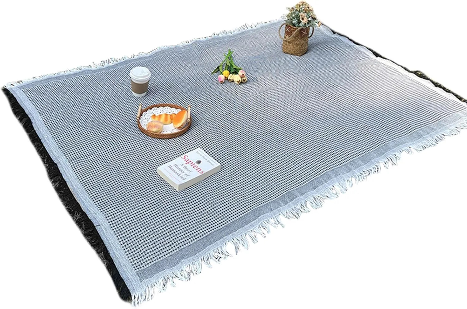 Picnic Blanket, Soft Tassels Foldable Outdoor Lightweight Camping Mat for Park Grassland (Black, 180cmx180cm)