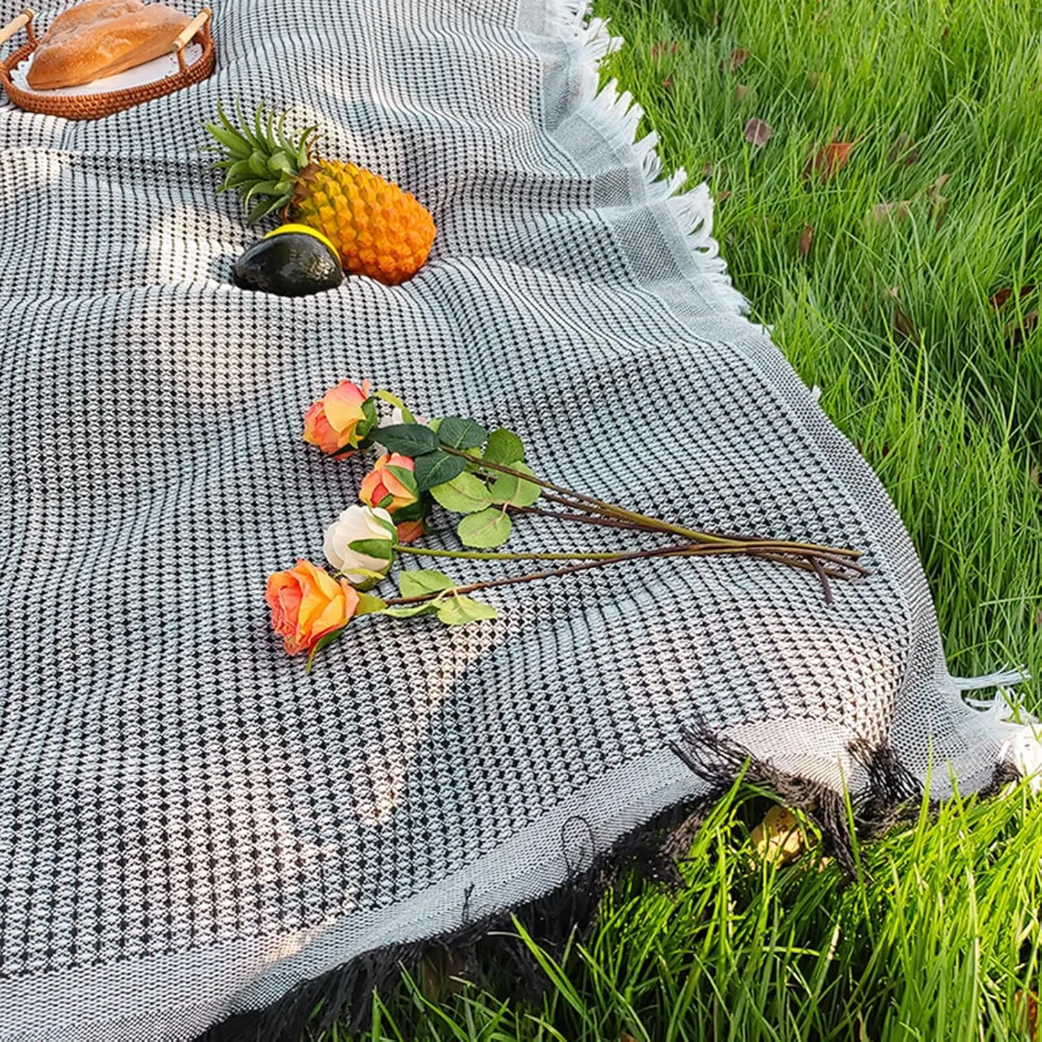 Picnic Blanket, Soft Tassels Foldable Outdoor Lightweight Camping Mat for Park Grassland (Black, 180cmx180cm)