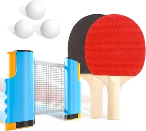 Ping Pong Set – Retractable Table Tennis Net with 2 Paddles, 3 Balls & Storage Bag, Portable & Adjustable, Fits Tables up to 72", for Indoor/Outdoor Play, Easy Setup – Blue