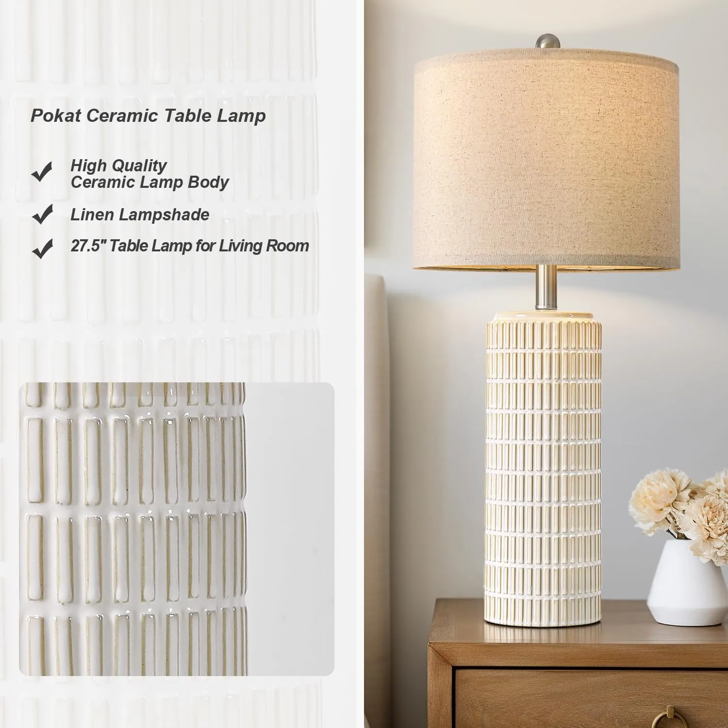 PoKat 27.5'' Tall Table Lamps for Living Room Set of 2, Ceramic Bedroom Lamps for Night Stands, Modern Bedside Lamps for Bedroom Living Room, Nightstand Lamps for End Table, Hallway, Gold and White