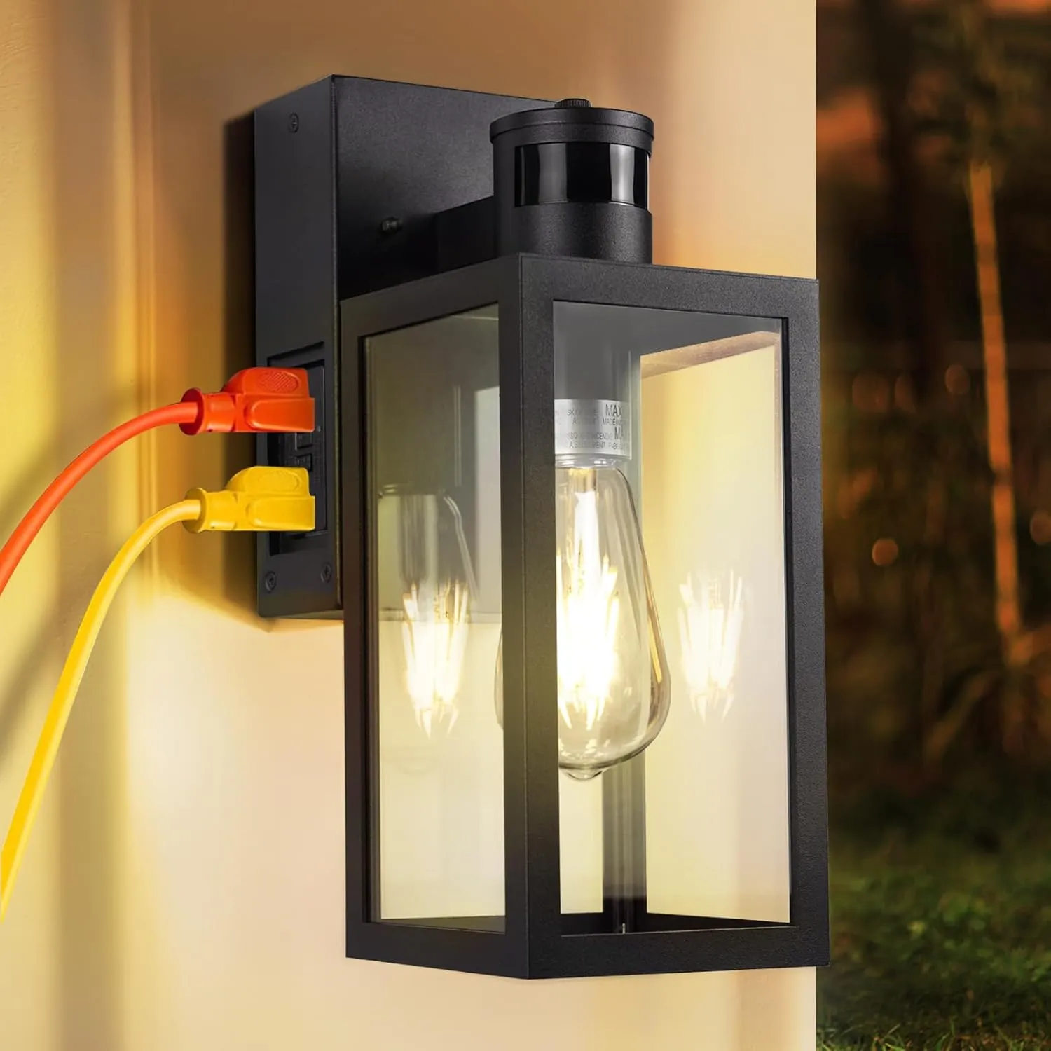 Porch Light with GFCI Outlet,Dusk to Dawn Motion Sensor Outdoor Light,3 Lighting Modes Exterior Lights Fixture,Anti-Rust Front Porch Light Wall Lantern(Bulb Not Included)