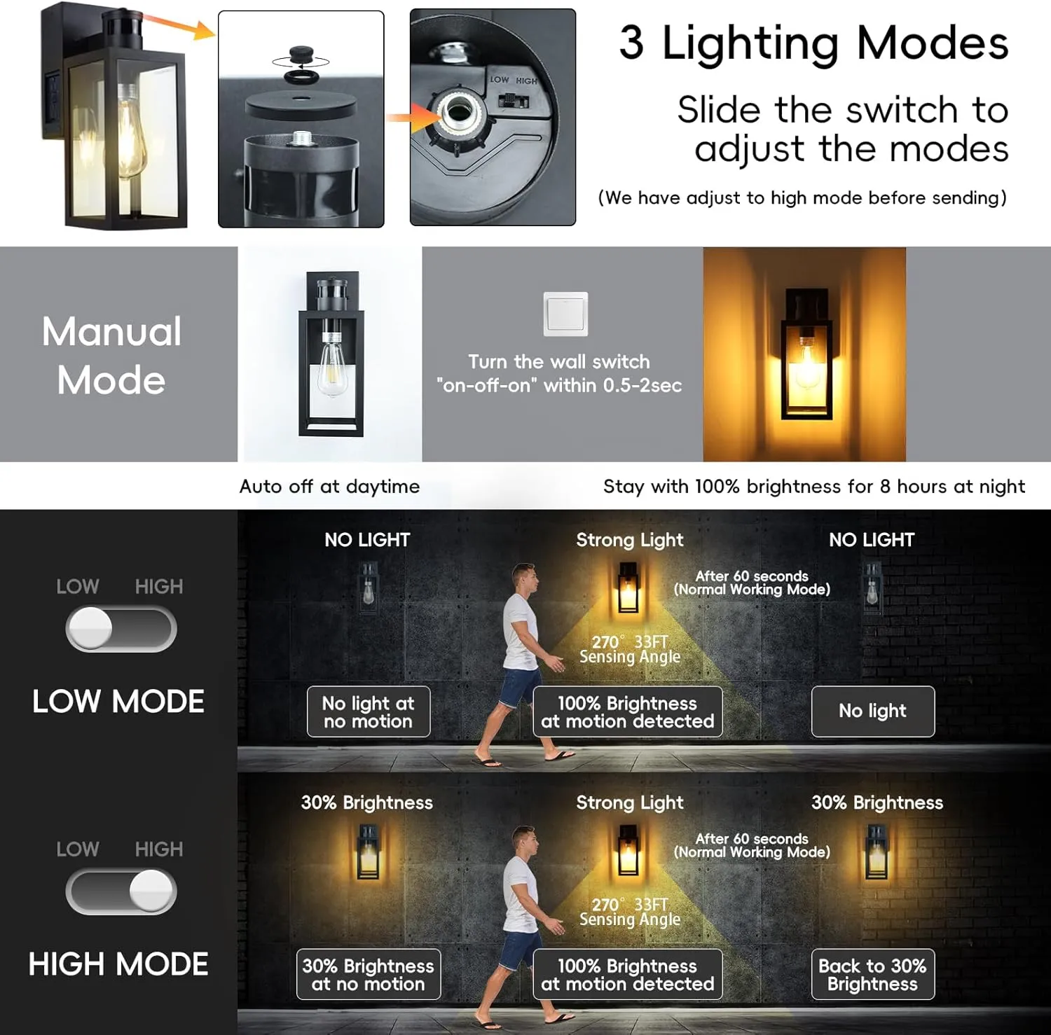 Porch Light with GFCI Outlet,Dusk to Dawn Motion Sensor Outdoor Light,3 Lighting Modes Exterior Lights Fixture,Anti-Rust Front Porch Light Wall Lantern(Bulb Not Included)