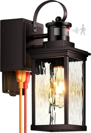 Porch Lights Outdoor with GFCI Outlet, Oil Rubbed Bronze Motion Sensor Exterior Lighting Fixtures Wall Mount for House, 100% Aluminum Farmhouse Outdoor Wall Sconce Lantern for Garage, Patio