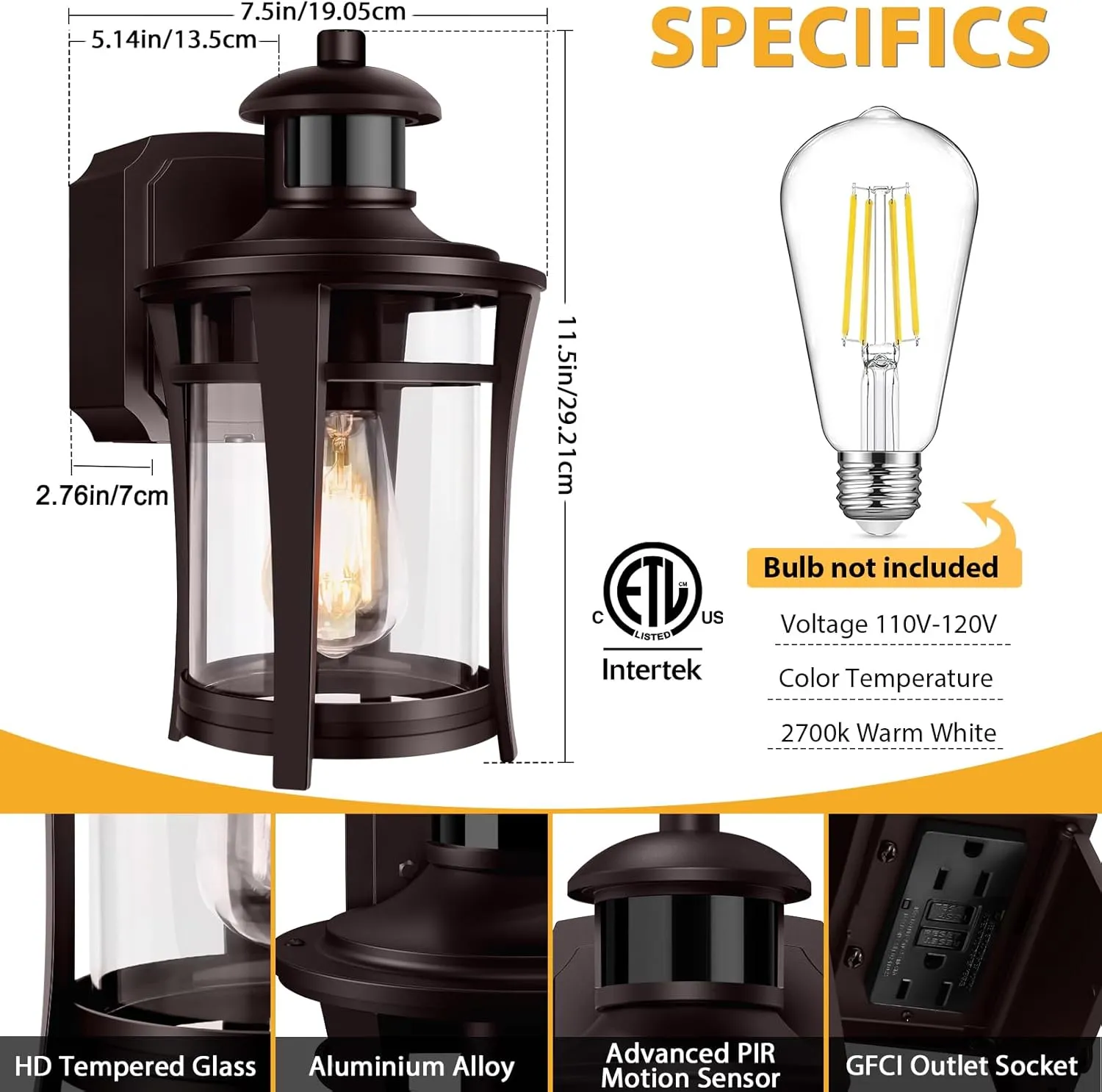 Porch Lights with Outlet, Outdoor Motion Sensor Lights, Dusk to Dawn Exterior Light Fixture, Anti-Rust Waterproof Outdoor Wall Light, Aluminum Outside Lights for House Patio Front Door Garage, Brown