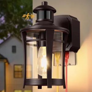 Porch Lights with Outlet, Outdoor Motion Sensor Lights, Dusk to Dawn Exterior Light Fixture, Anti-Rust Waterproof Outdoor Wall Light, Aluminum Outside Lights for House Patio Front Door Garage, Brown