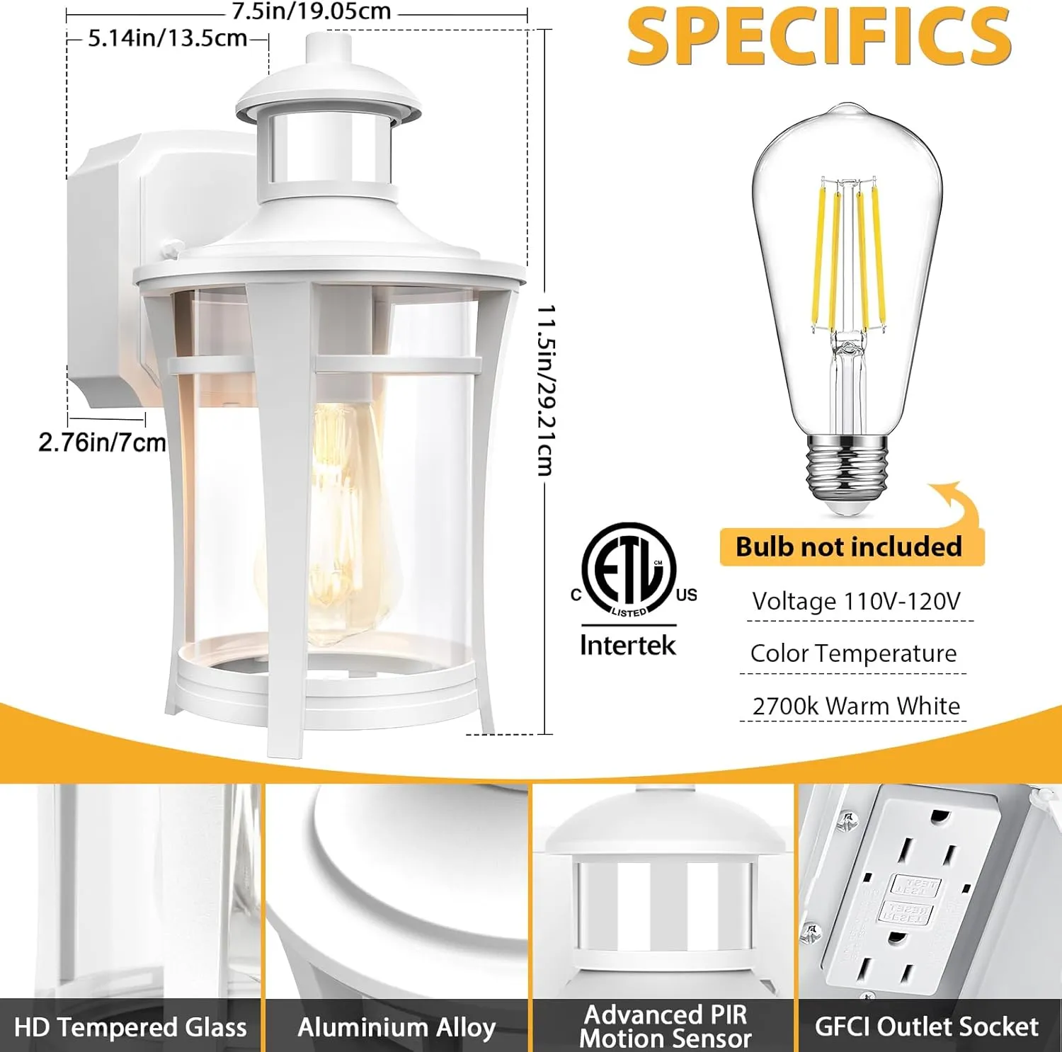 Porch Lights with Outlet, Outdoor Motion Sensor Lights, Dusk to Dawn Exterior Light Fixture, Anti-Rust Waterproof Outdoor Wall Light, Aluminum Outside Lights for House Patio Front Door Garage, White