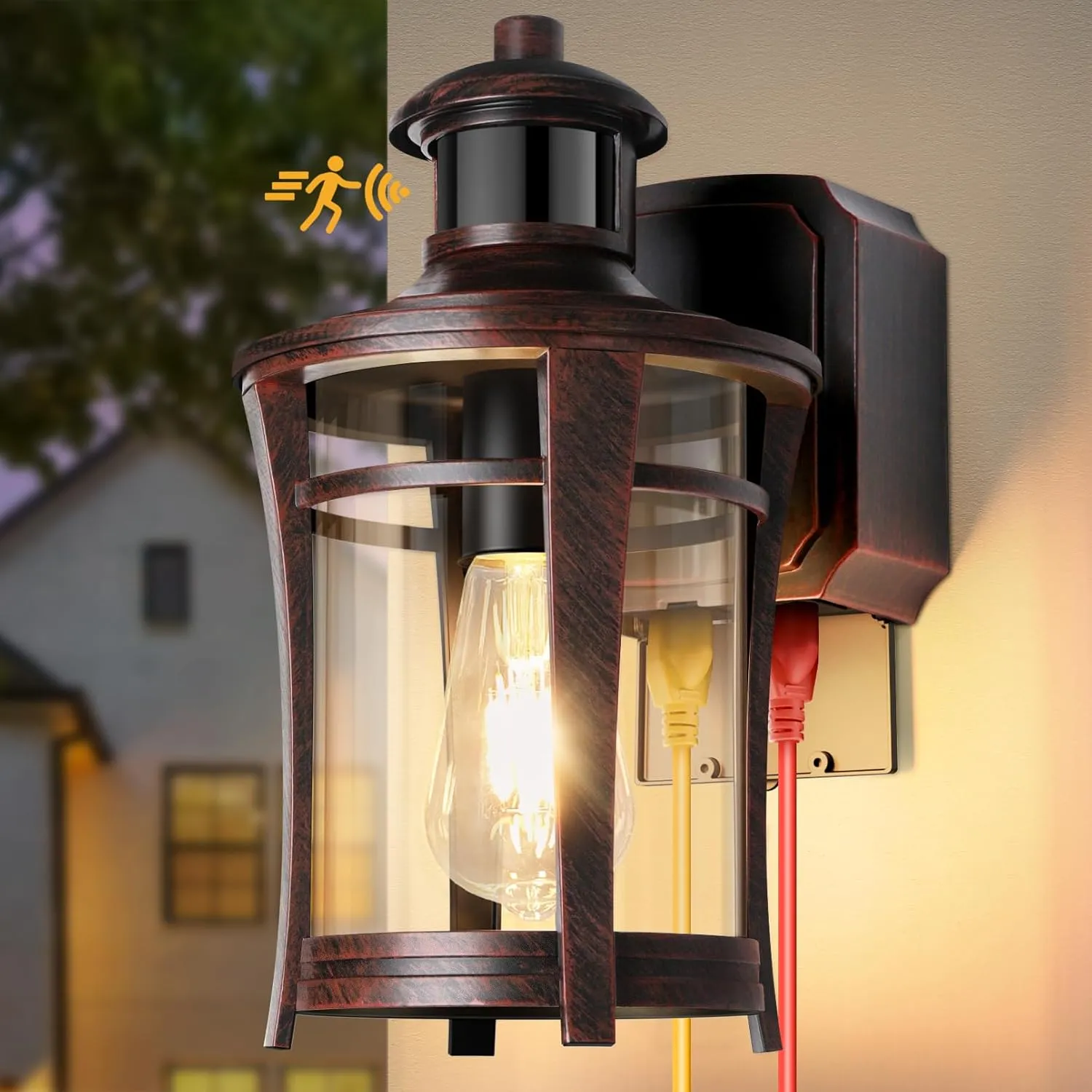 Porch Lights with Outlet, Outdoor Motion Sensor Lights, Dusk to Dawn Exterior Light Fixture,Anti-Rust Waterproof Outdoor Wall Light,Aluminum Outside Lights for House Patio Front Door Garage,Gold Grim