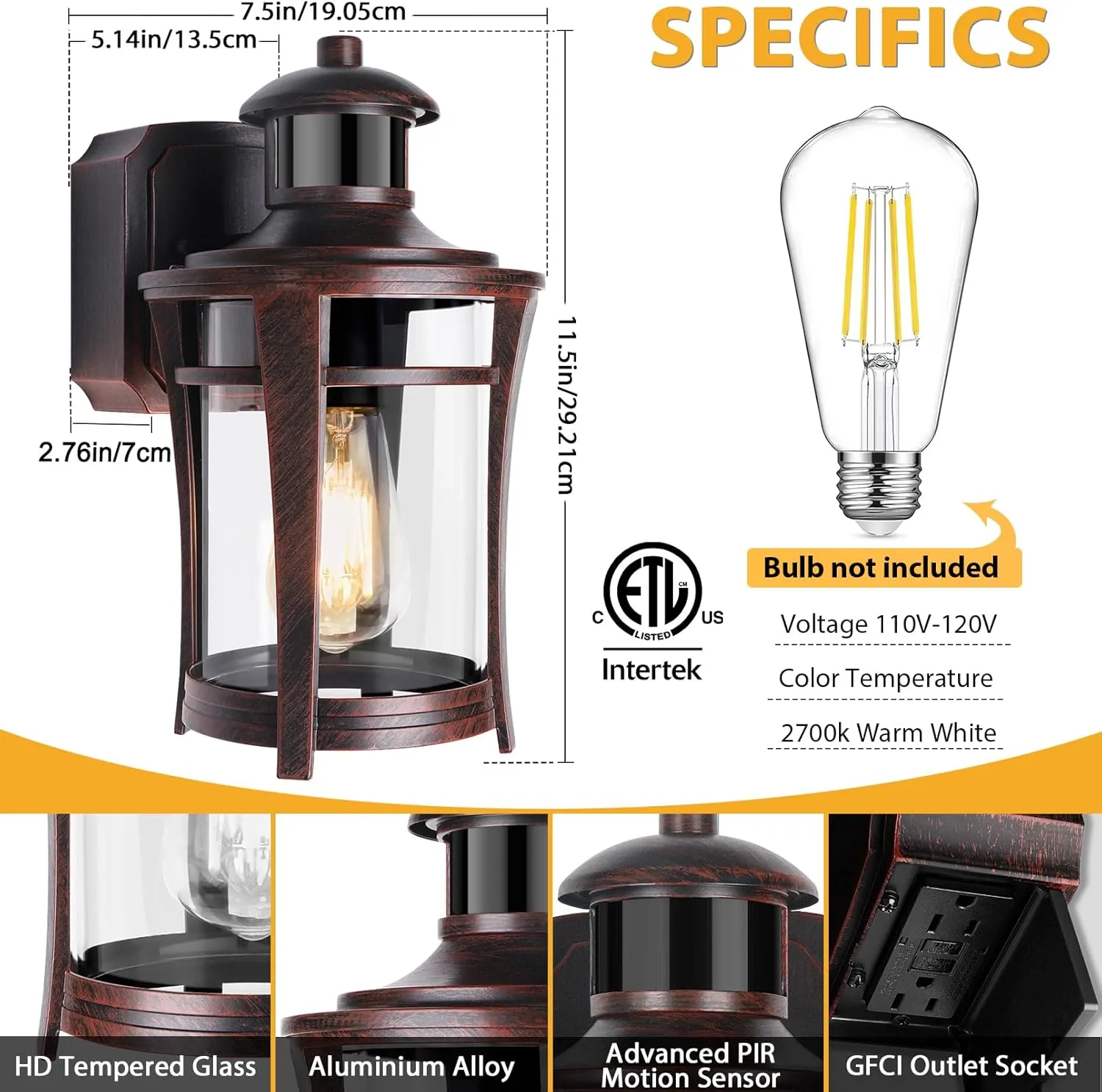 Porch Lights with Outlet, Outdoor Motion Sensor Lights, Dusk to Dawn Exterior Light Fixture,Anti-Rust Waterproof Outdoor Wall Light,Aluminum Outside Lights for House Patio Front Door Garage,Gold Grim