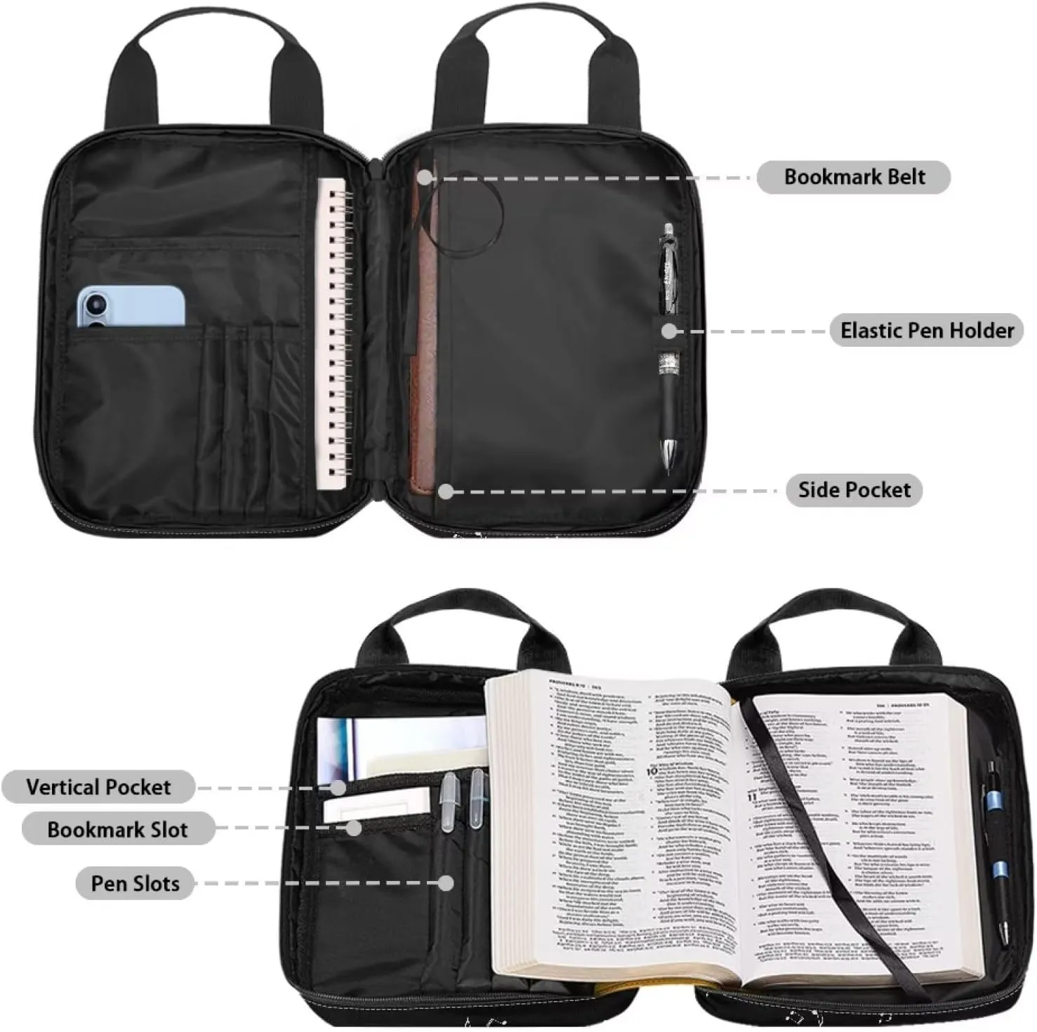 Portable Bible Cover Bookcase with Handle Bible Tote Bag Bible Books Pens Organizer 10.8 x 8.4 x 2.7 inches