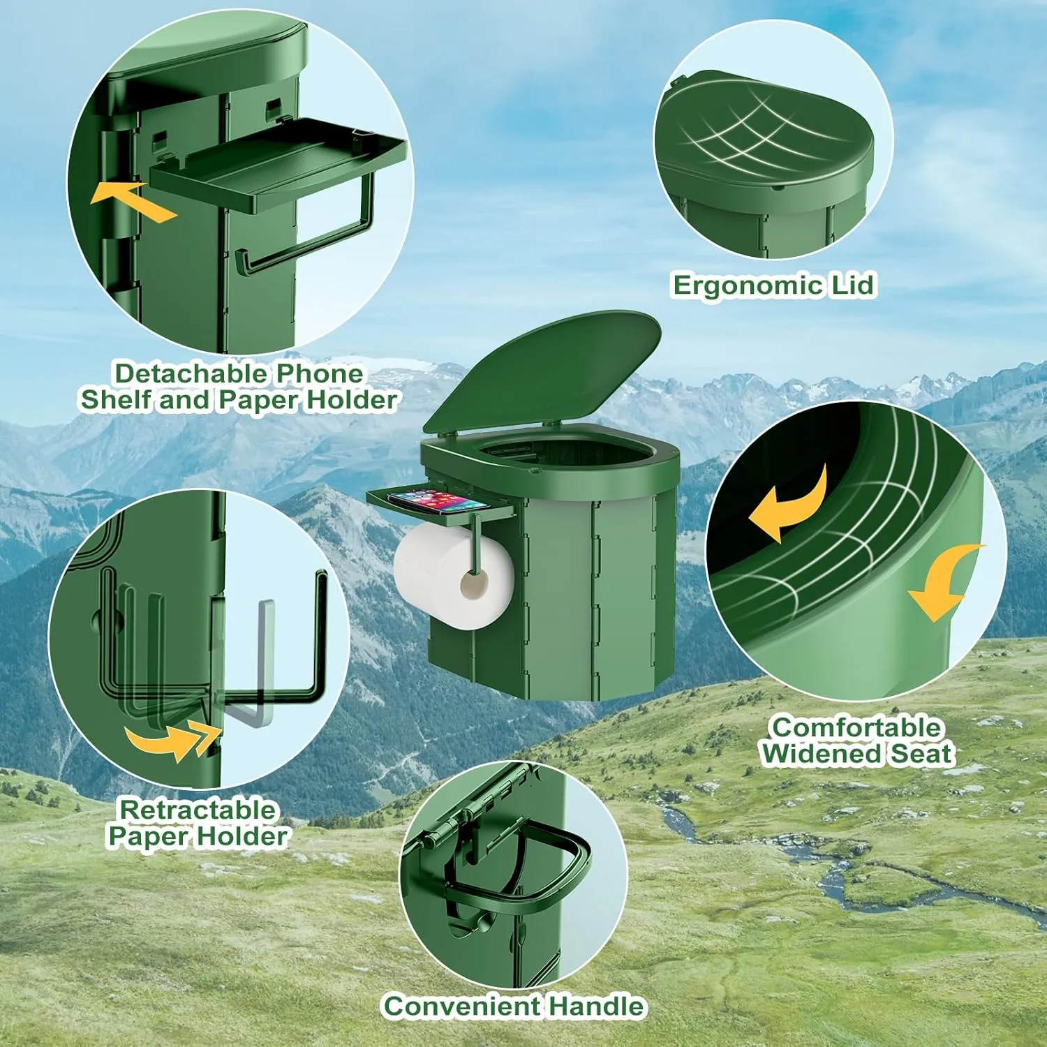 Portable Camping Toilet, Foldable Toilet for Adults with Detachable Phone Shelf and Toilet Paper Holder, Waterproof Porta Potty with Lid for Camping, Hiking, RV Travel, Road Trips