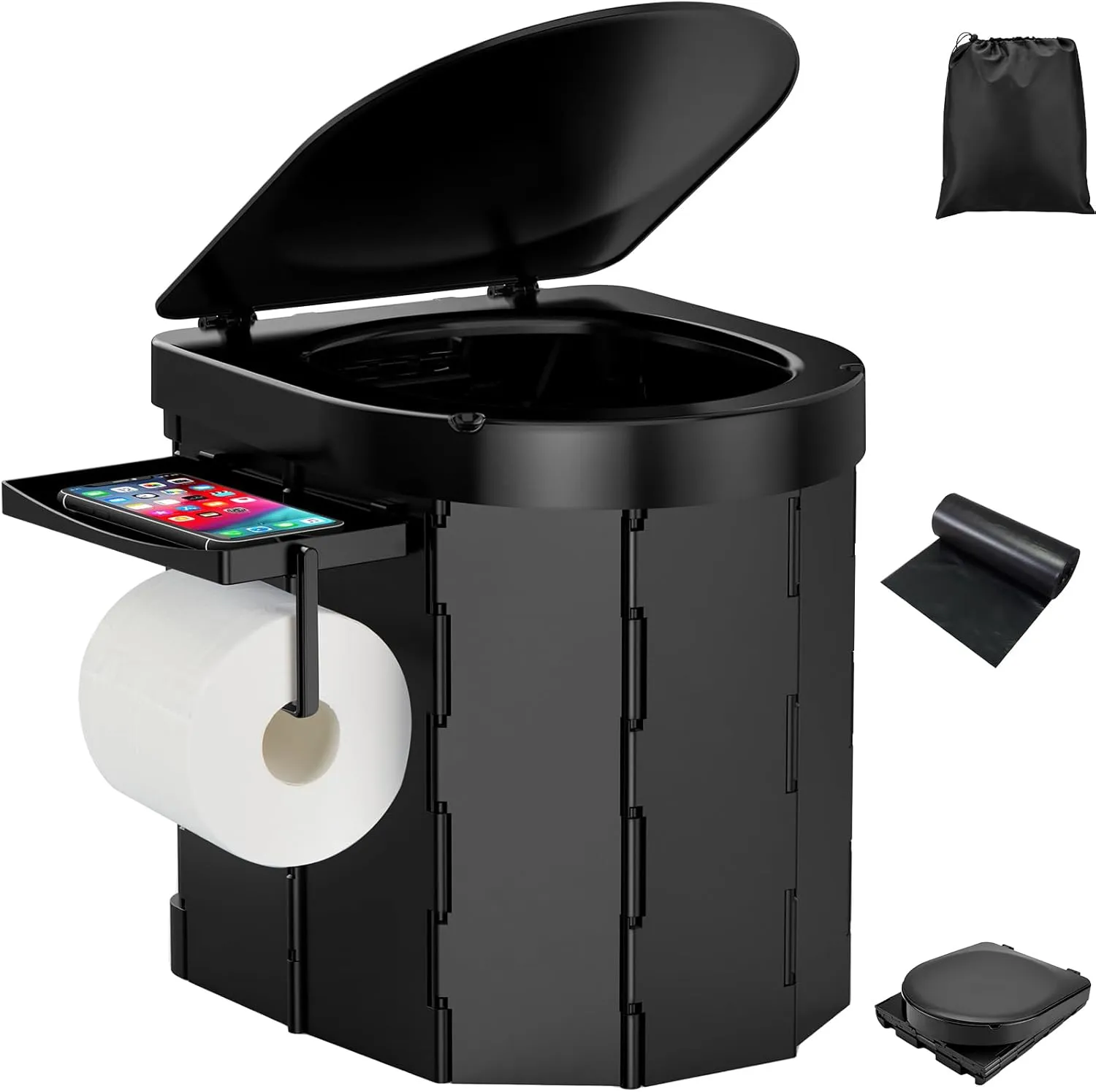 Portable Camping Toilet, Foldable Toilet for Adults with Detachable Phone Shelf and Toilet Paper Holder, Waterproof Porta Potty with Lid for Camping, Hiking, RV Travel, Road Trips