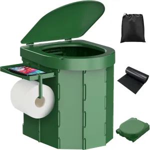 Portable Camping Toilet, Foldable Toilet for Adults with Detachable Phone Shelf and Toilet Paper Holder, Waterproof Porta Potty with Lid for Camping, Hiking, RV Travel, Road Trips