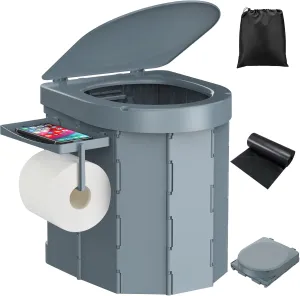 Portable Camping Toilet, Foldable Toilet for Adults with Detachable Phone Shelf and Toilet Paper Holder, Waterproof Porta Potty with Lid for Camping, Hiking, RV Travel, Road Trips