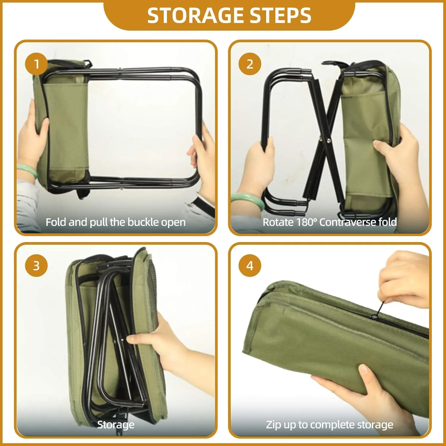 Portable Folding Camping Stool, Small Foldable Stool, Multiple Storage Pockets, Outdoor Zipper Pack Folding Chair for Traveling, for Camp, Outdoor Chair for Beach Hiking Travel Fishing (Green, Small)