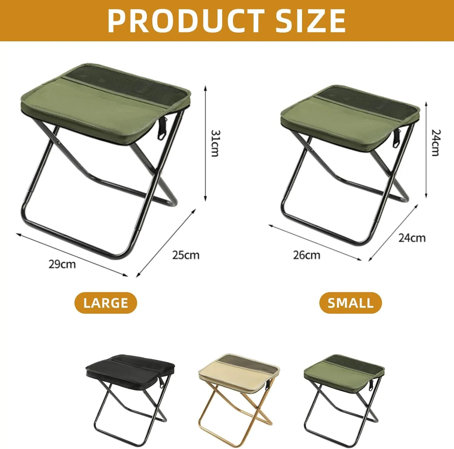 Portable Folding Camping Stool, Small Foldable Stool, Multiple Storage Pockets, Outdoor Zipper Pack Folding Chair for Traveling, for Camp, Outdoor Chair for Beach Hiking Travel Fishing (Green, Small)