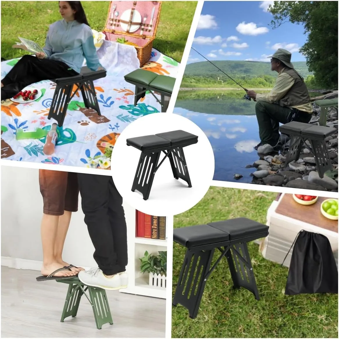 Portable Folding Camping Stools with Soft Seat,Folding Camping Stool, Indoor/Outdoor Foldable Stool with Non-Slip Feet & Carry Bag,Lightweight for BBQ Travel Fishing (Green,11.4"x4.9"x9.1",1 pcs)