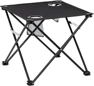 Portable Folding Camping Table with 2 Cup Holders - Heavy Duty Waterproof Oxford Fabric, Compact Collapsible Design for Outdoor Picnic, Beach, Hiking Black