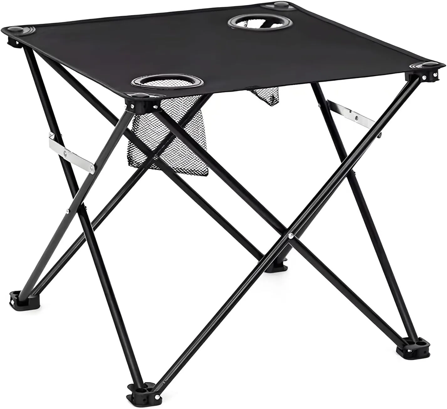 Portable Folding Camping Table with 2 Cup Holders - Heavy Duty Waterproof Oxford Fabric, Compact Collapsible Design for Outdoor Picnic, Beach, Hiking Black