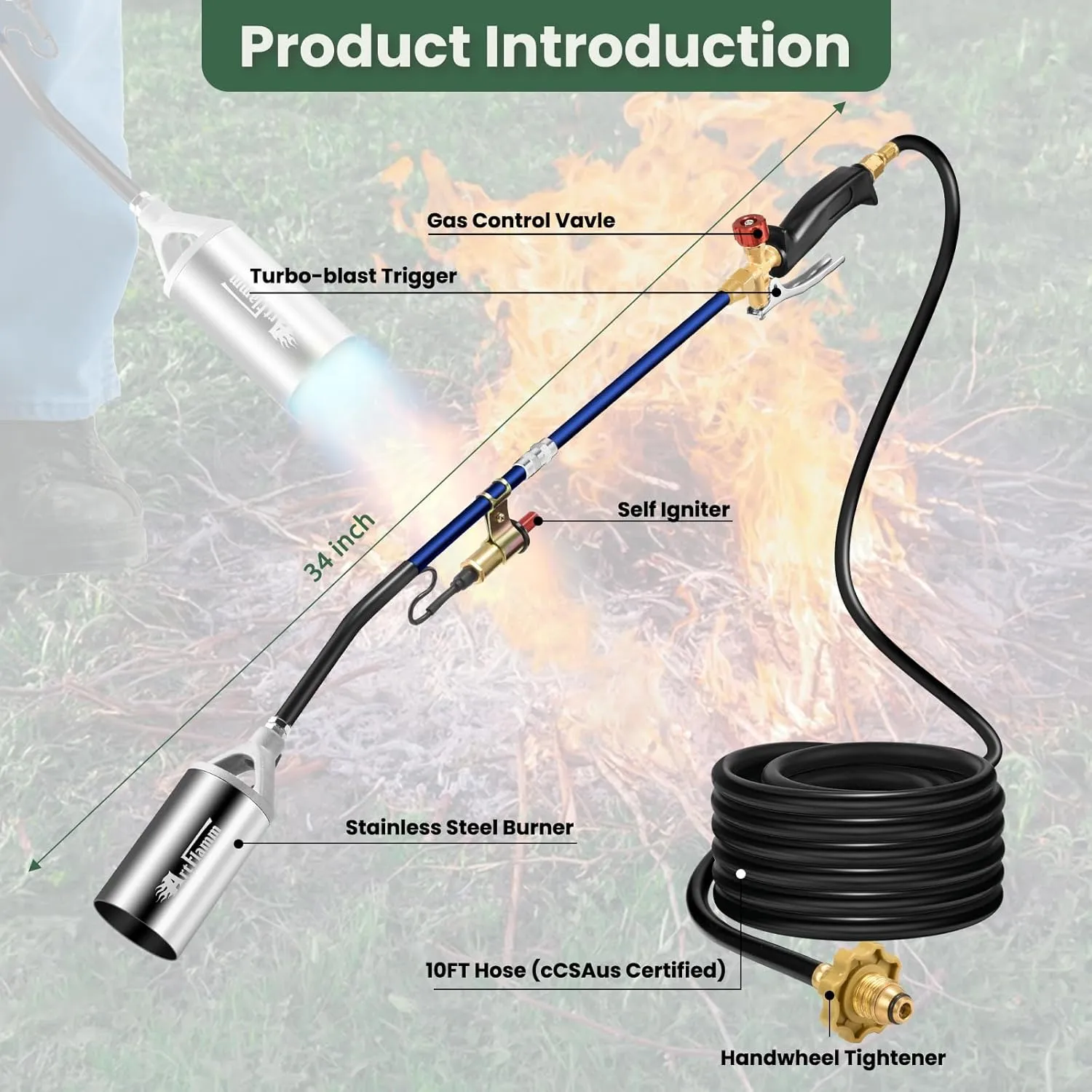 Portable Propane Torch Weed Burner Kit with Storage Bag, High Output 1,280,000 BTU BTUs Weed Torch with 10 FT Hose, Self Igniter Weed Flame Torch for Campfires,Roofing,Melting Snow Ice