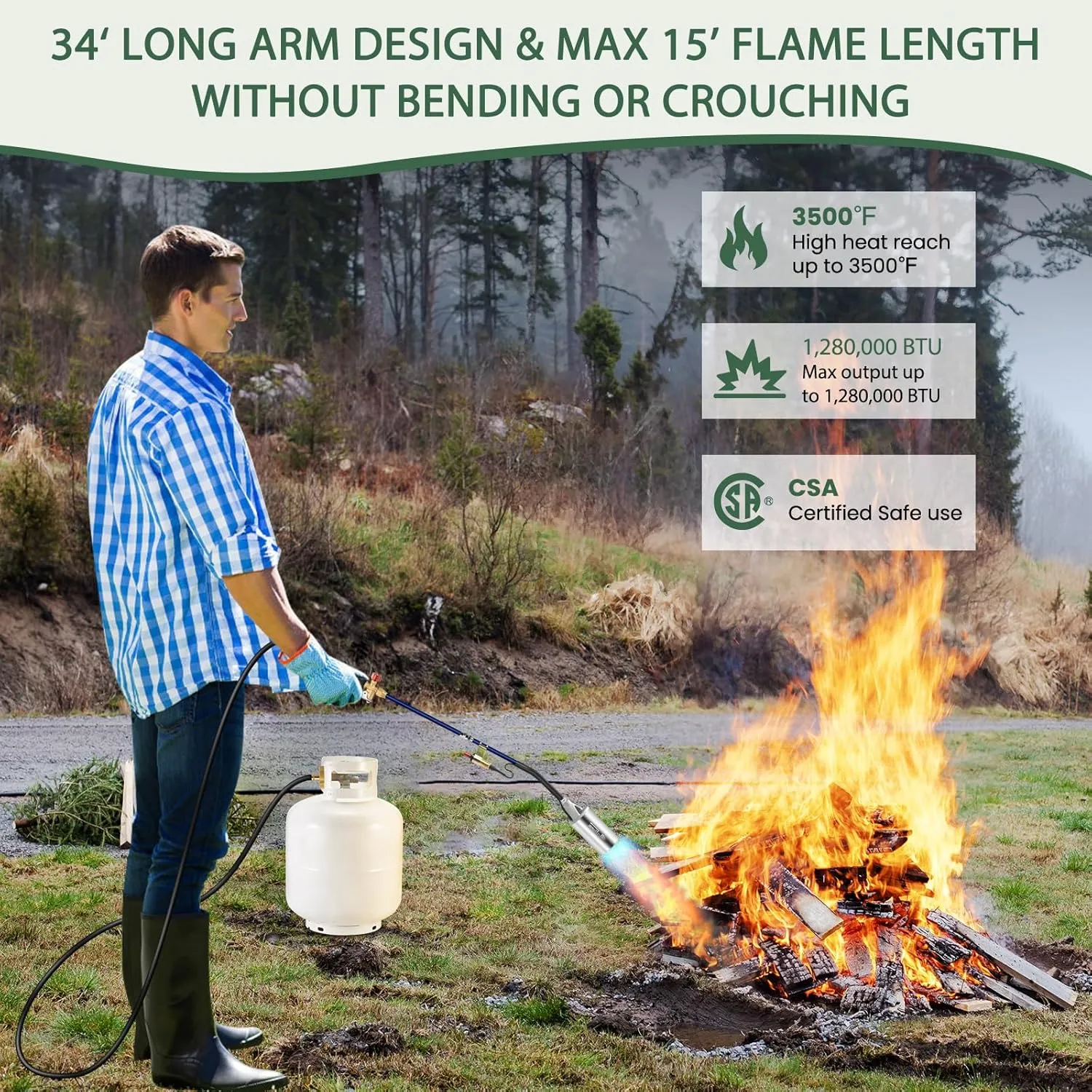 Portable Propane Torch Weed Burner Kit with Storage Bag, High Output 1,280,000 BTU BTUs Weed Torch with 10 FT Hose, Self Igniter Weed Flame Torch for Campfires,Roofing,Melting Snow Ice
