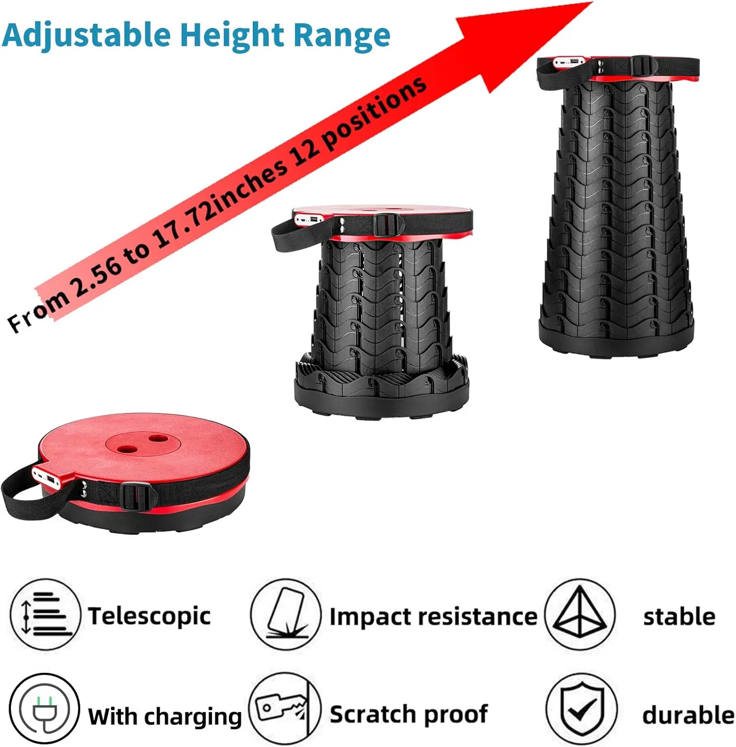 Portable Telescopic Stool with 4400mAh Mobile Charger, Built-in Phone Charger for iPhone Android 3nd Gen Foldable Stool for Indoor/Outdoor/Gardening Max Load 400lbs(Red)