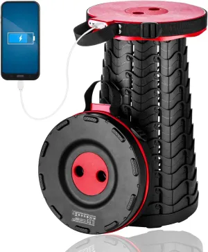 Portable Telescopic Stool with 4400mAh Mobile Charger, Built-in Phone Charger for iPhone Android 3nd Gen Foldable Stool for Indoor/Outdoor/Gardening Max Load 400lbs(Red)