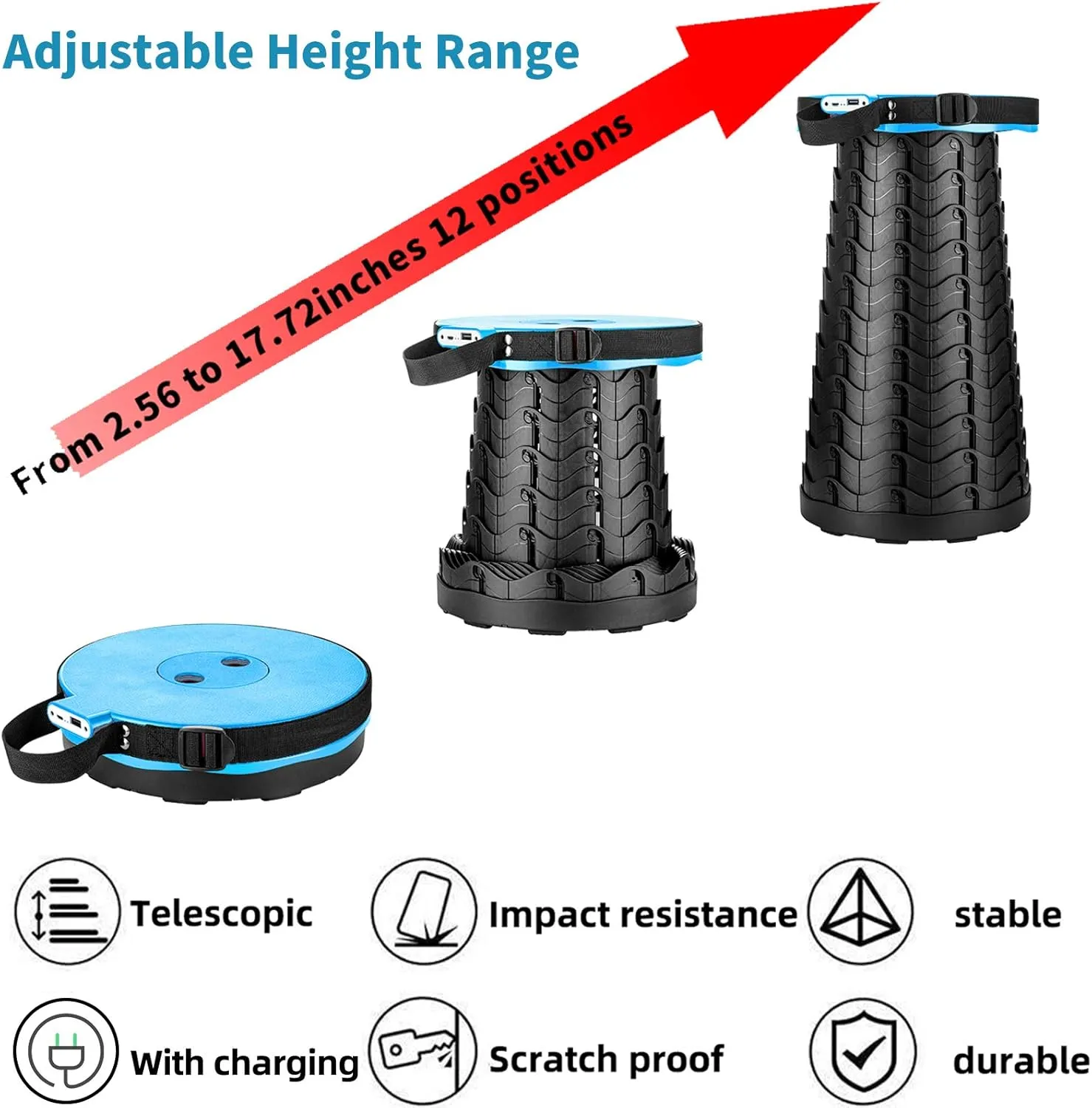 Portable Telescopic Stool with Mobile Charger 4400mAh, Collapsible Stool Built-in Phone Charger for iPhone Android, Foldable Seat for Camping Hiking Fishing Picnic Max Load 400lbs