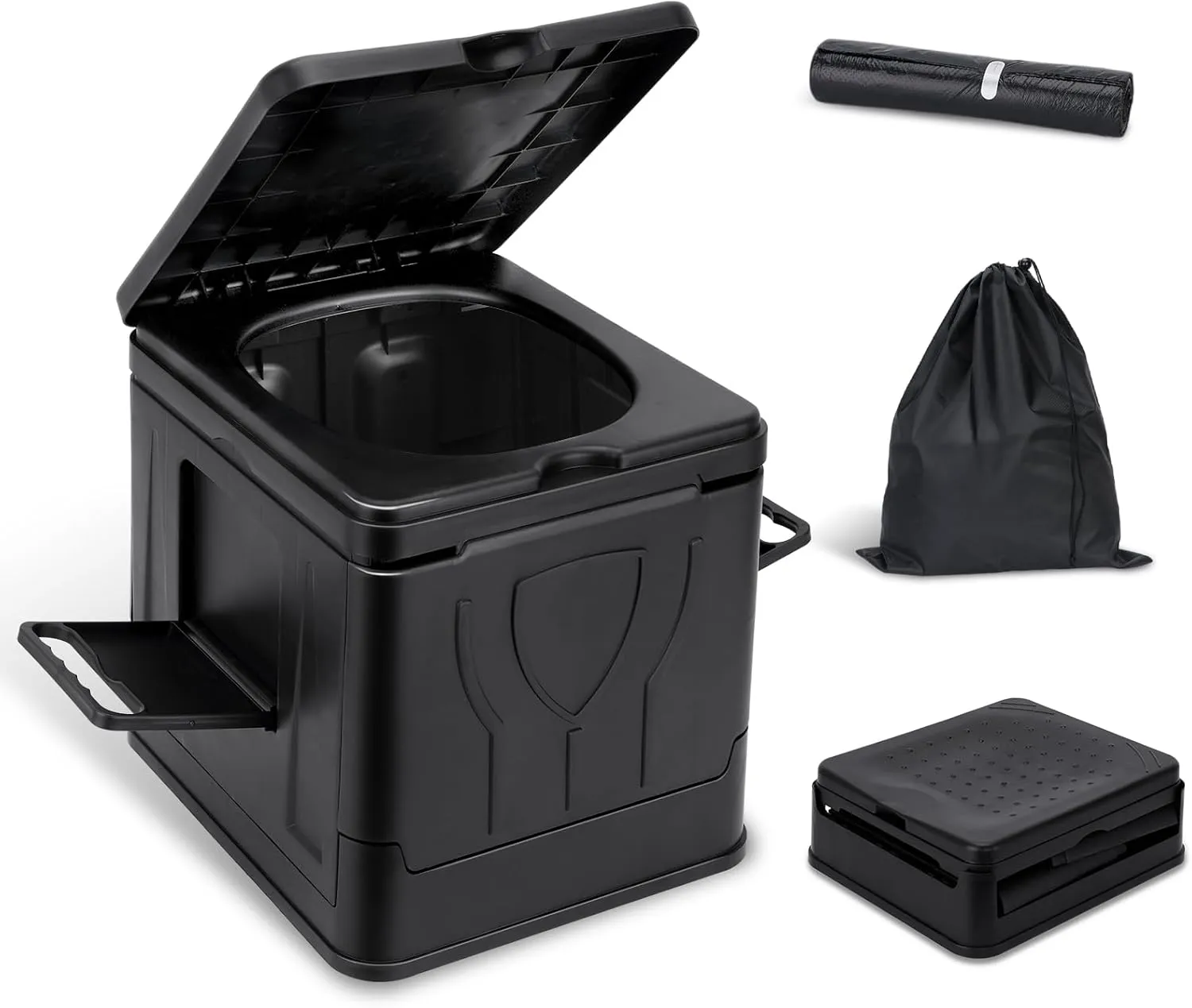 Portable Toilet, Camping Toilets Portable with Lid for Adults and Kids, Collapsible Porta Potty with Paper Holder, Portable Toilet for Camping, Hiking, Outdoor, Car, Truck, RV, Emergency Use (Black)