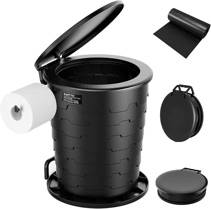 Portable Toilet for Adults, Retractable Porta Potty for Camping with Toilet Paper Holder and Lid, Foldable Toilet Adjustable Height for Camping, Hiking, Fishing, RV Travel, Road Trips