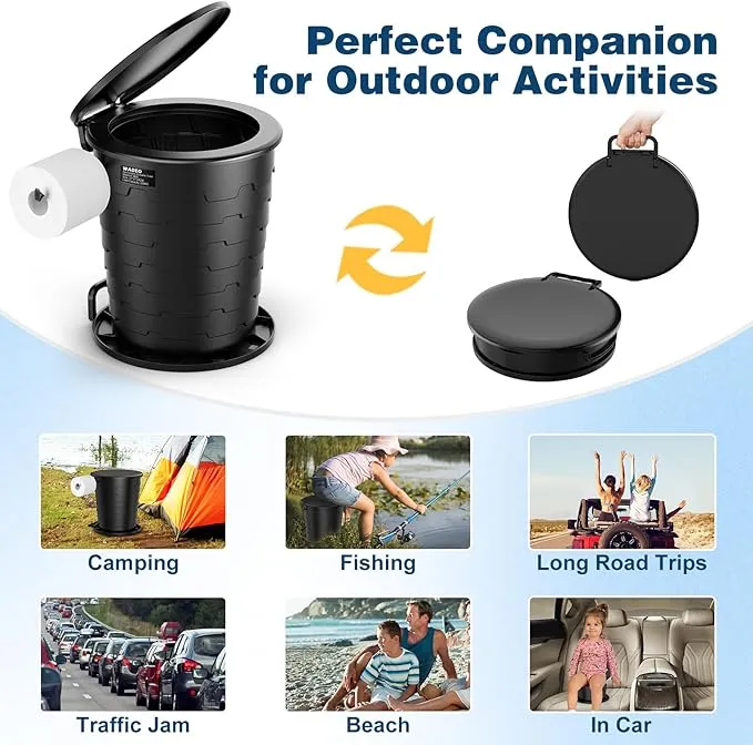 Portable Toilet for Adults, Retractable Porta Potty for Camping with Toilet Paper Holder and Lid, Foldable Toilet Adjustable Height for Camping, Hiking, Fishing, RV Travel, Road Trips
