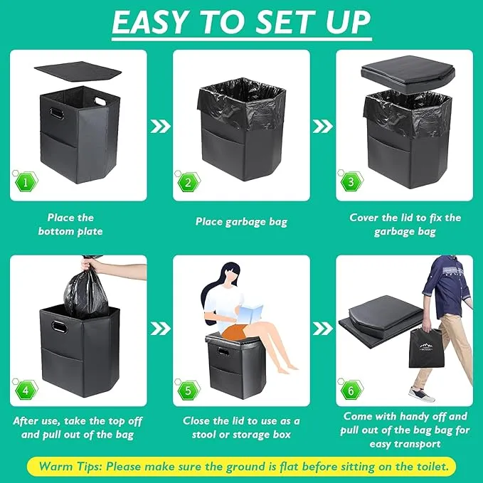 Portable Toilet for Adults, XL Portable Toilet for Camping, 16.5'' Camping Toilet with Lid, Camp Toilet with Handbag, Travel Potty for Camping, Hiking, RoadTrip, Car, Tent (Black Upgraded)