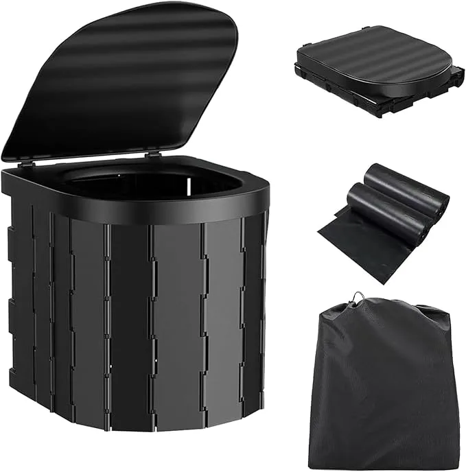 Portable Toilet for Camping,Folding Toilet with Lid,Foldable Car Travel Toilet Portable with Carry Bag for Camping,Car,Travel, Outdoor,Hiking,Backpack,Trips,Tent,Boat,Beach,Traffic Jam,Home (Black)