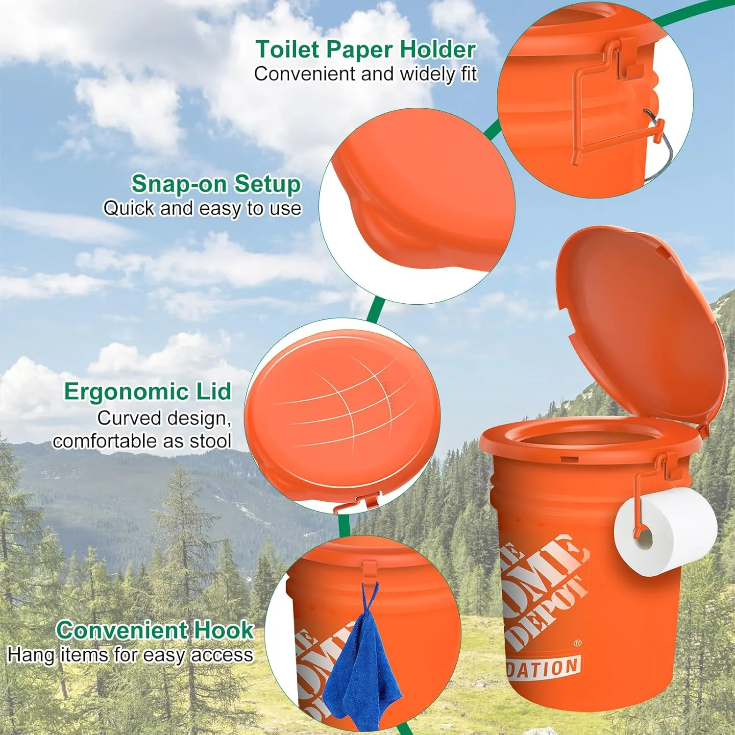 Portable Toilet Seat for 5 Gal Buckets, Camping Toilet Seat with Lid for Adults, Snap-on Toilet Seat with Storage Bags and Disposable Toilet Bags, Camping, Hiking, Emergency, Car, Boat