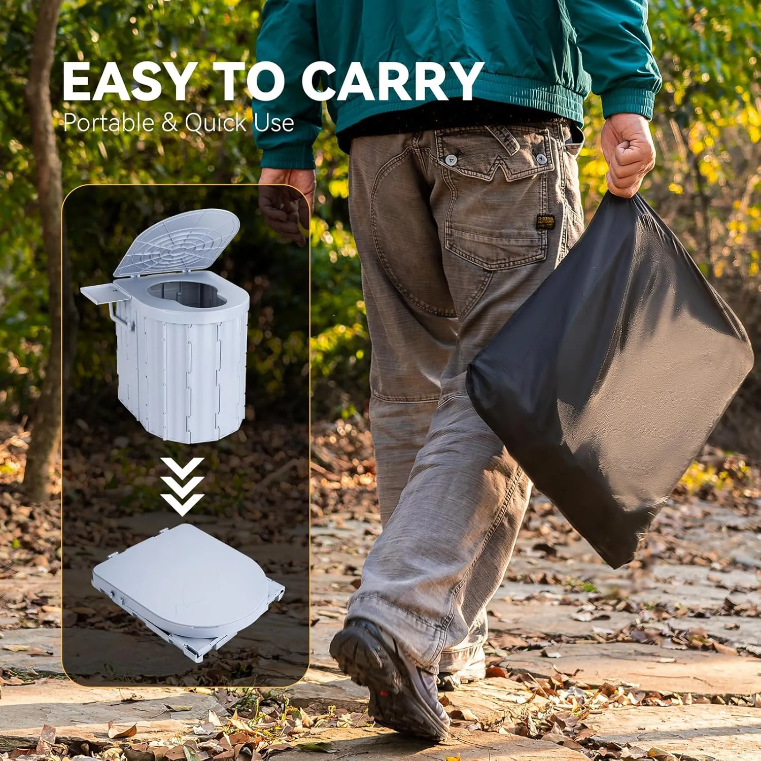 Portable Toilet, Upgraded 15'' Camping Toilet for Adults with Lid, Folding Toilet with Removable Paper Holder, Travel Portable Potty for Camping, Hiking, Roadtrip, Tent, Truck Drivers