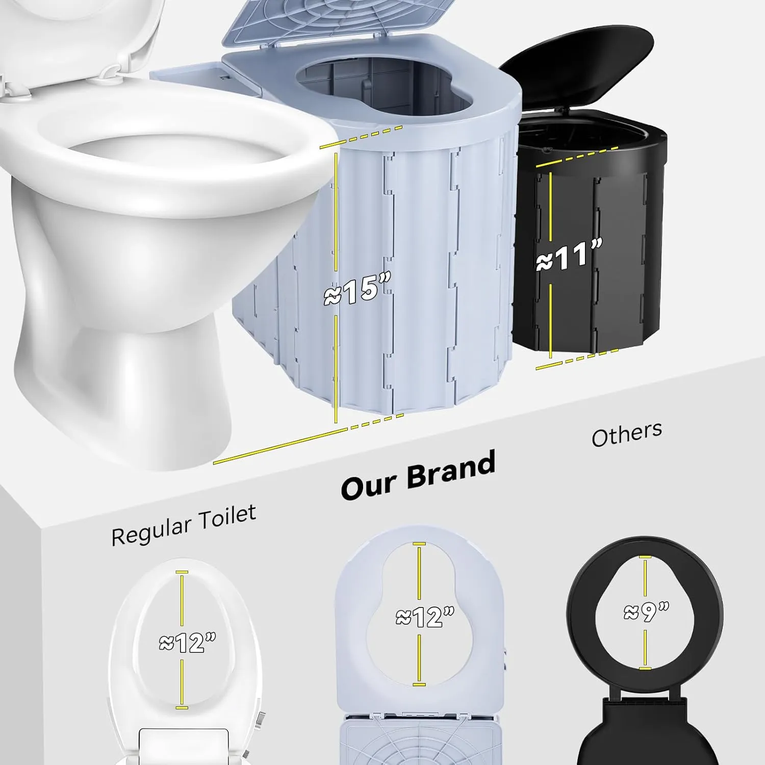 Portable Toilet, Upgraded 15'' Camping Toilet for Adults with Lid, Folding Toilet with Removable Paper Holder, Travel Portable Potty for Camping, Hiking, Roadtrip, Tent, Truck Drivers