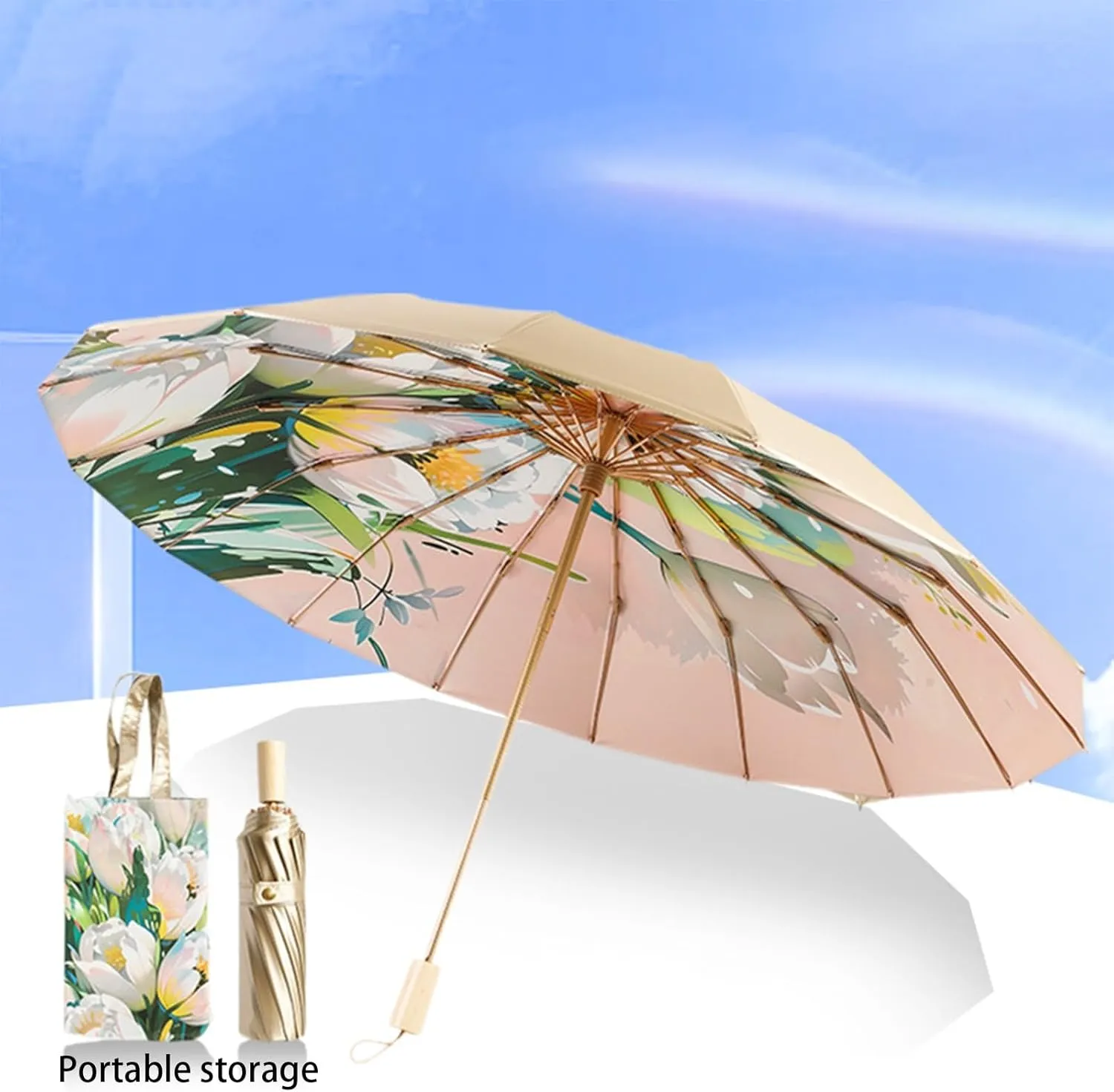 Portable Windproof Travel Umbrella For Rain, Folding UV Blocker Vintage Style, Durable Compact Umbrella With Quick Dry Fabric, 16 Rust Proof Aluminum Frame, Sun Blocking Lightweight