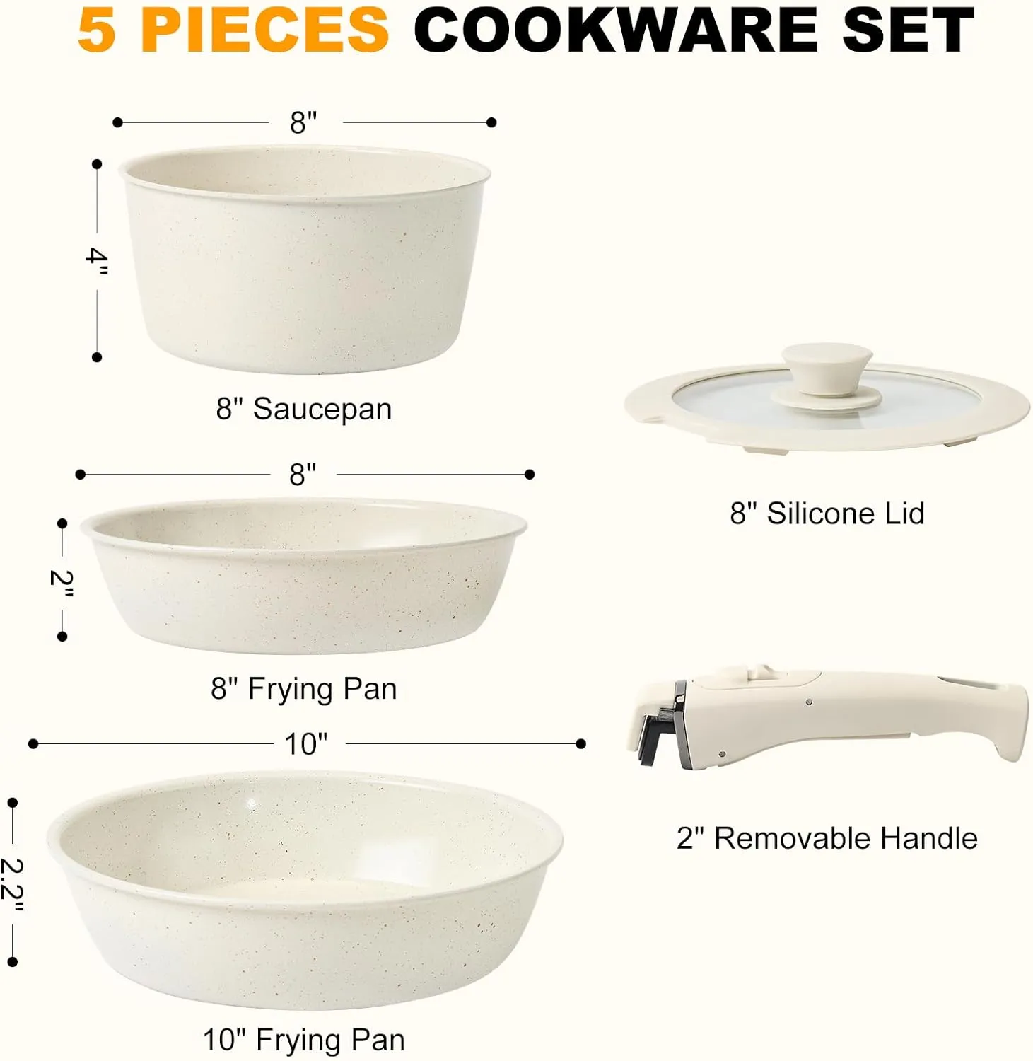 Pots and Pans Set Non Stick, Ceramic Cookware Set Nonstick Frying Pans 5 Pcs-Non Toxic PFAS/PFOA/PTFE Free, with Detachable Handle for RV Kitchen, Induction & Dishwasher Safe Cream White