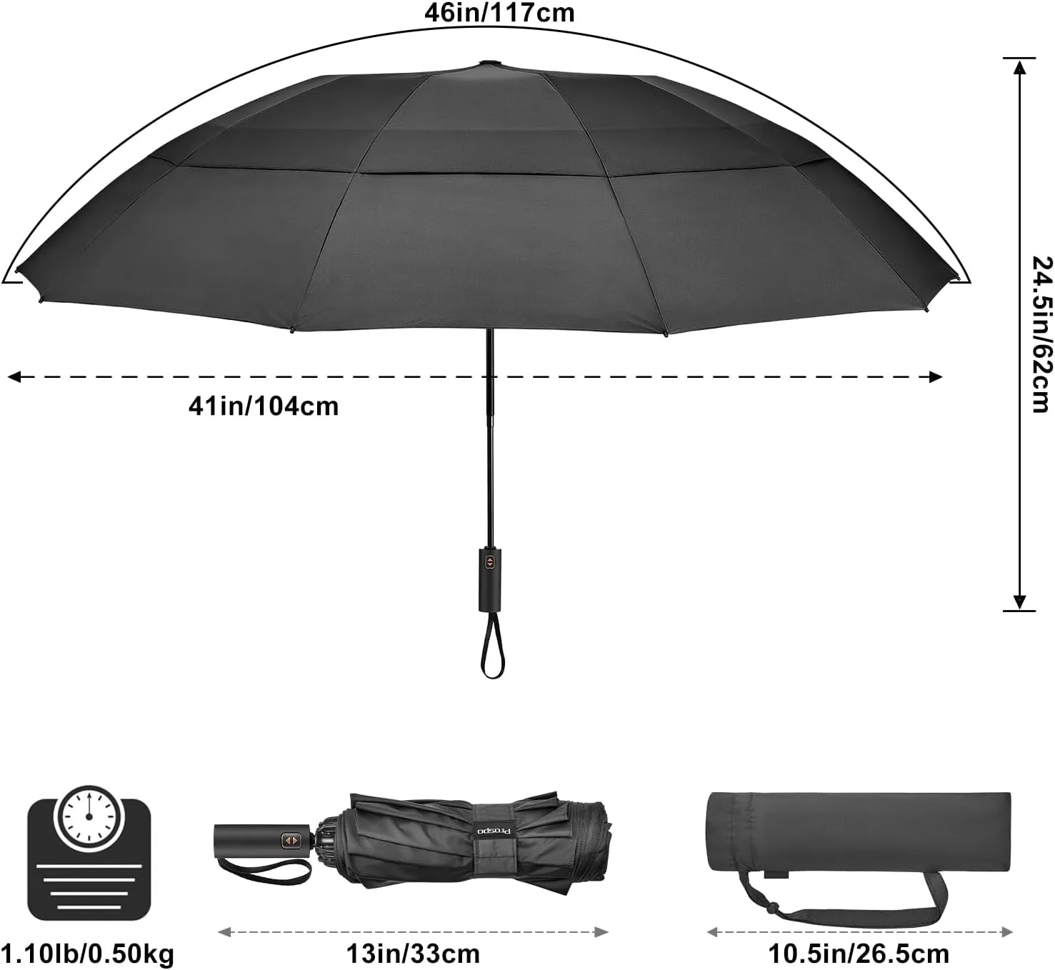 Prospo 46/62 Inch Large Travel Umbrellas for Rain Windproof, 10 Ribs Compact Reverse Folding Golf Umbrella, Double Canopy Automatic Open Close