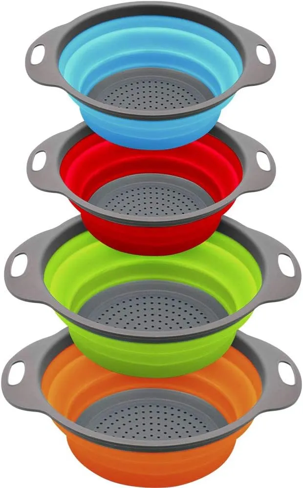 QiMH Collapsible Colander and Strainer Set of 4, 2 PC 4 Quart(1 gal) and 2 PC 2 Quart(0.5 gal), Food-grade Sturdy Plastic Base - Round Space-save Silicone Kitchen Foldable Strainer for Pasta, Veggies